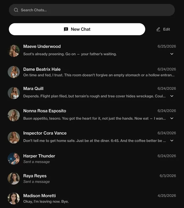 Chat list with several AI girlfriend conversations