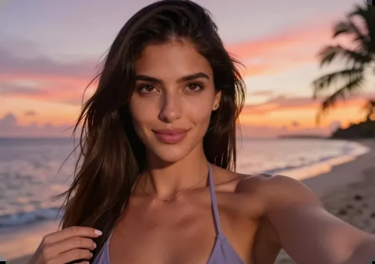 Realistic AI girlfriend beach selfie at sunset