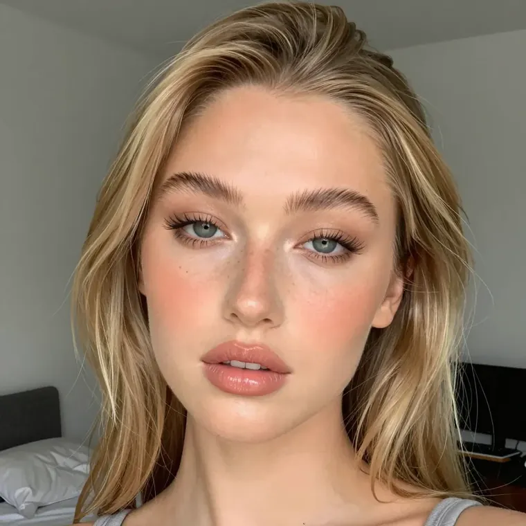 Close-up portrait made with a realistic AI girlfriend generator: blonde woman with natural freckles