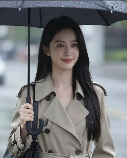 The same AI girlfriend in a trench coat under an umbrella
