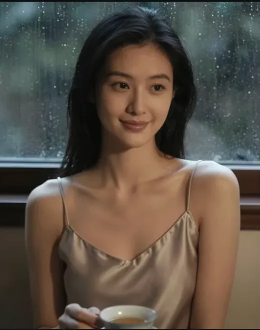 The same AI girlfriend by a rainy window holding a cup
