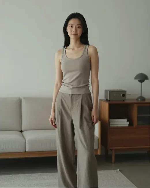 Full-length photo of the same realistic AI girlfriend in her living room