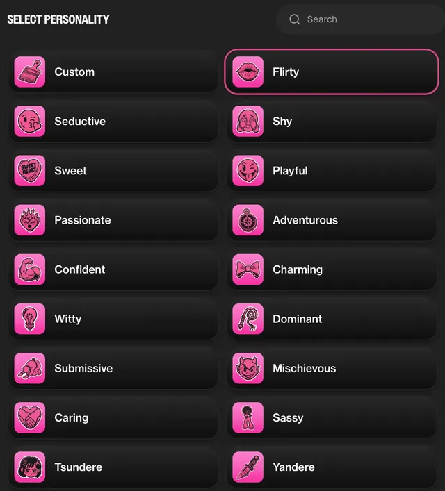 Personality picker: flirty, shy, sweet, playful, witty, caring and more