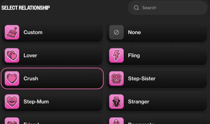 Relationship picker: lover, crush, fling, stranger and custom