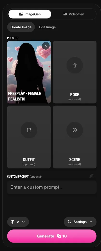 Generator panel with presets for pose, outfit, scene and a custom prompt